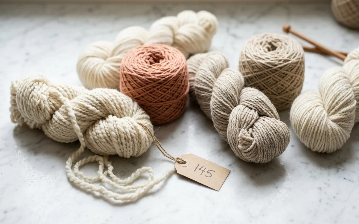 Pelotes et échevettes de laine naturelle en tons neutres crème et terracotta avec une étiquette indiquant le métrage
