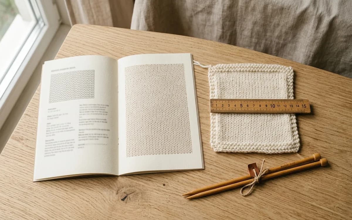 Patron de tricot ouvert à côté d'un échantillon de jersey en laine crème et d'une règle mesurant 10 cm sur les mailles