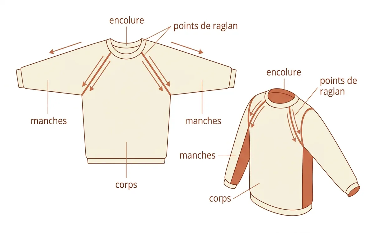 Schéma technique de la construction top-down d'un pull raglan avec les points d'augmentation de raglan indiqués