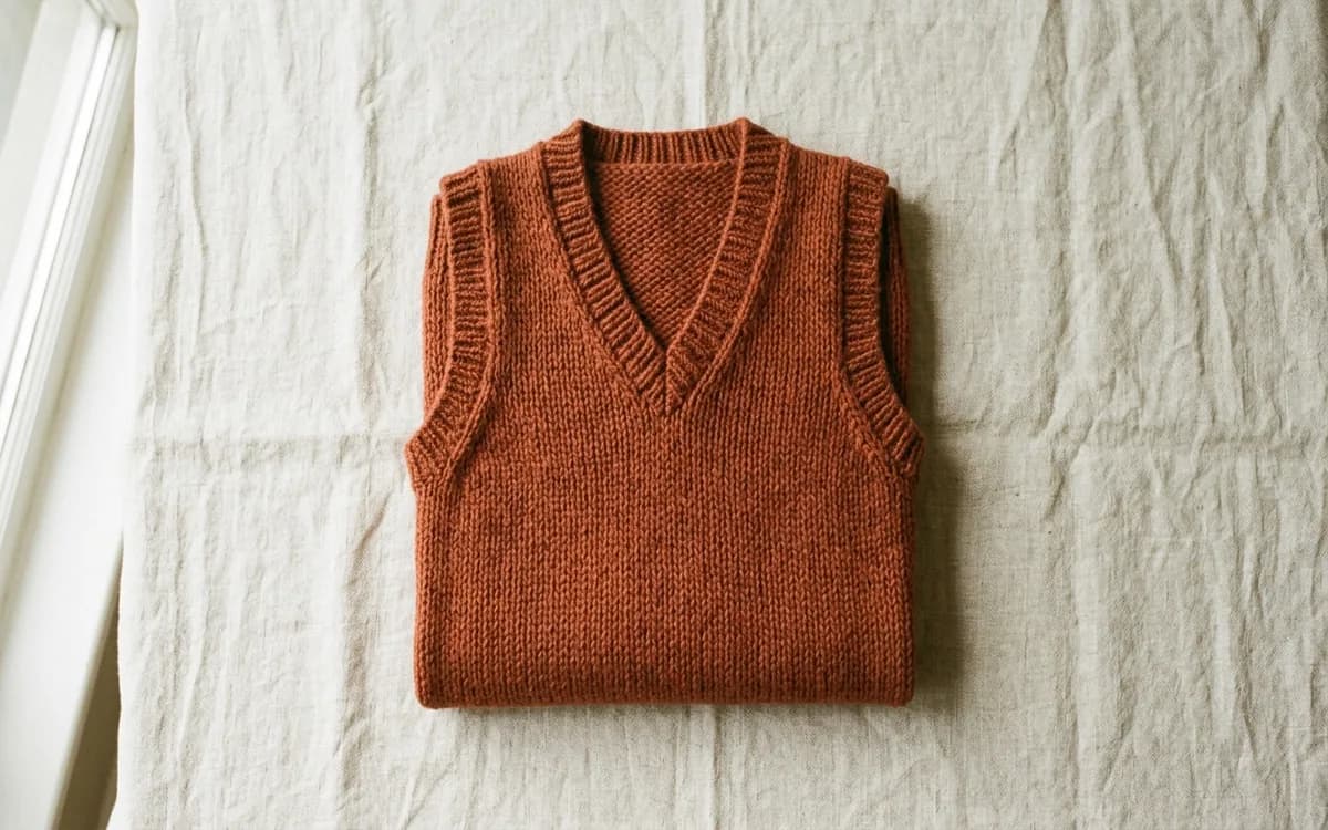 Gilet femme sans manche tricoté à la main en laine mérinos couleur terracotta, posé à plat sur un tissu de lin écru