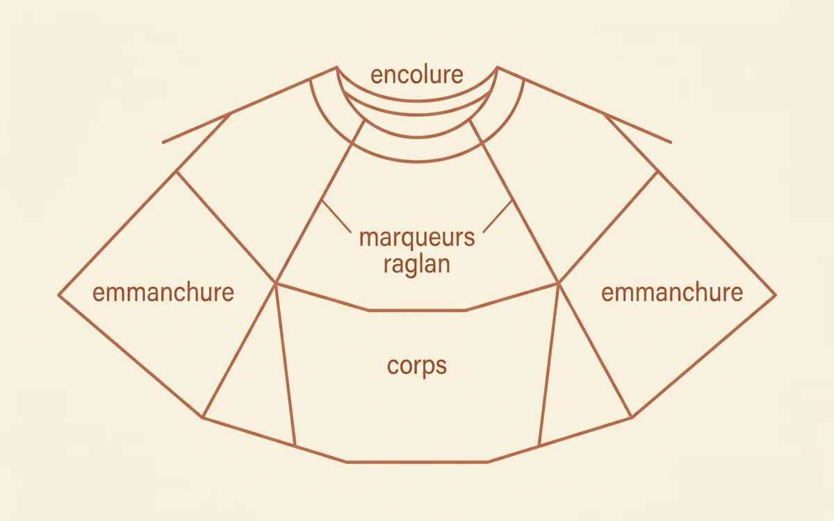 Schéma technique illustrant la construction top-down raglan d'un gilet tricoté, avec les quatre lignes d'augmentation et les marqueurs d'emmanchure indiqués