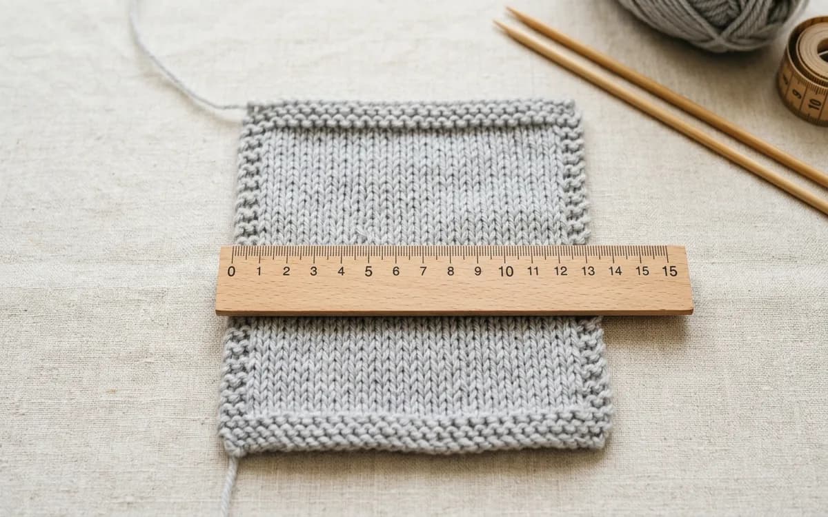 Carré d'échantillon en laine gris clair mesuré avec une règle pour vérifier la tension avant de tricoter une layette de naissance