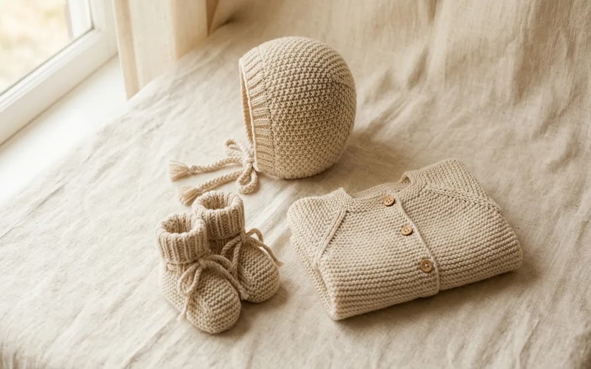 Ensemble de layette tricotée pour nouveau-né : bonnet, chaussons et brassière en laine mérinos couleur naturelle, sur fond lin crème
