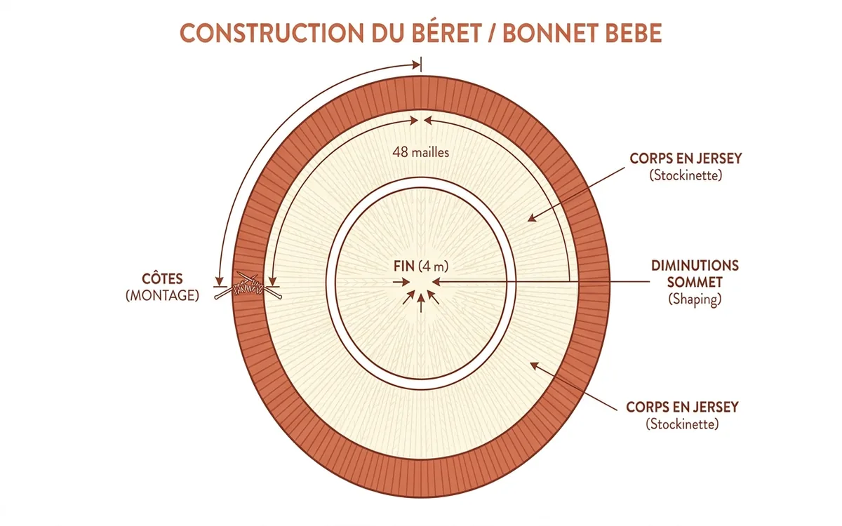 Schéma technique illustrant la construction d'un bonnet bébé en tricot : zones de côtes, corps en jersey et diminutions au sommet