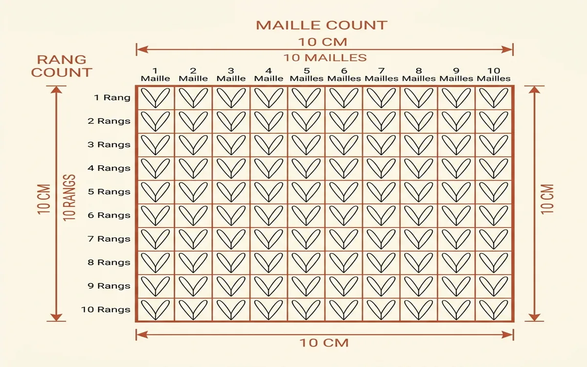 Diagramme technique d'un échantillon de tricot de 10 x 10 cm avec grille de comptage des mailles et des rangs