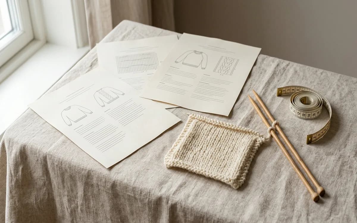 Patrons de tricot imprimés posés à plat avec un échantillon en laine crème et des aiguilles en bambou sur une surface en lin clair