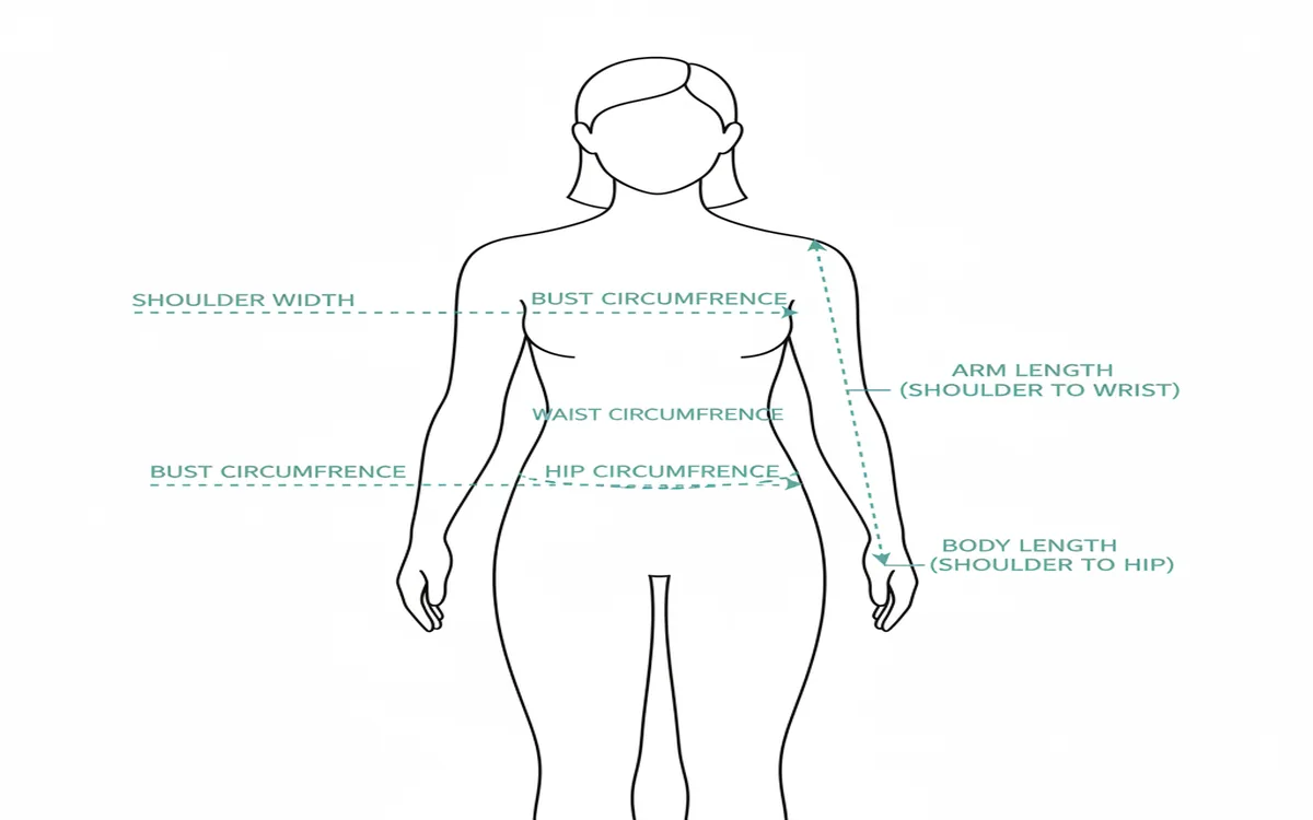Human figure diagram with labeled measurement points for bust, waist, hip, shoulder, and arm