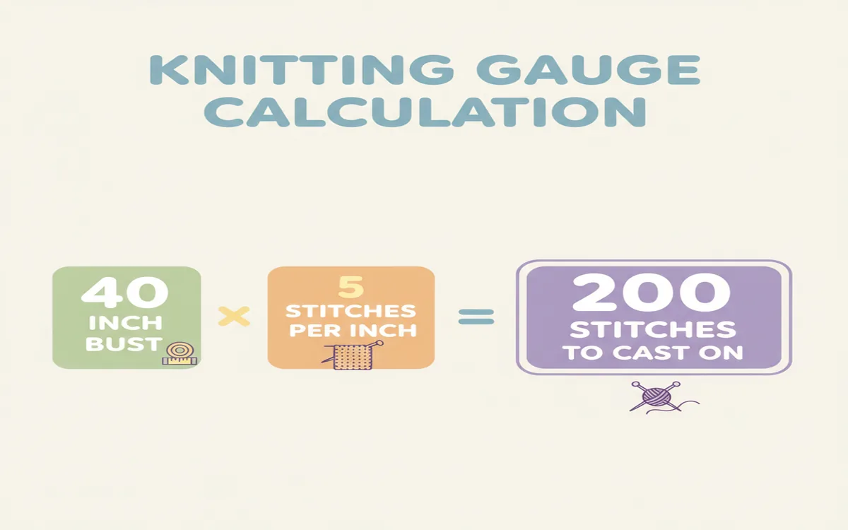 Example calculation showing bust measurement times gauge equals stitch count