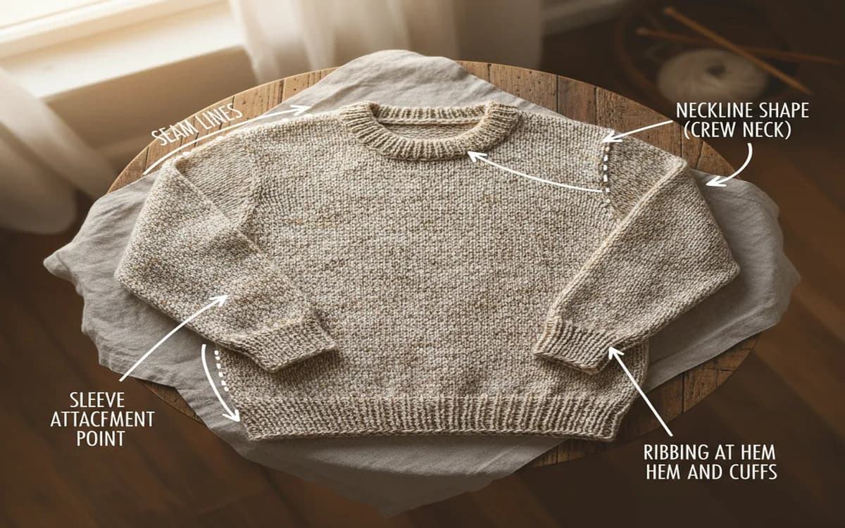 Annotated sweater photo showing seam lines, neckline shape, and sleeve construction details