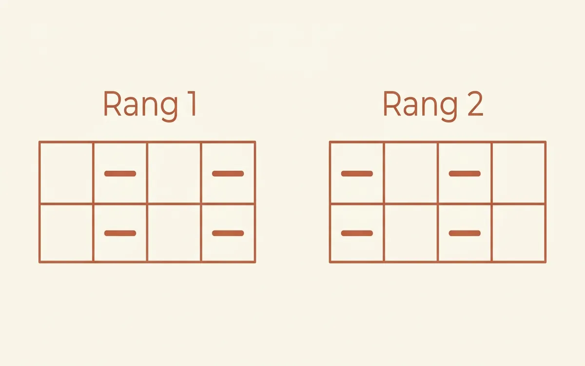 Diagramme technique du point de blé au tricot montrant l'alternance des mailles endroit et envers sur 2 rangs en quinconce, symboles endroit et envers en terracotta sur fond crème