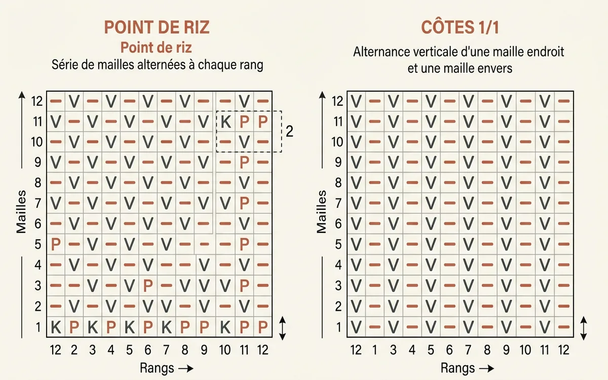Schéma technique comparant la construction du point de riz et des côtes 1/1 rang par rang