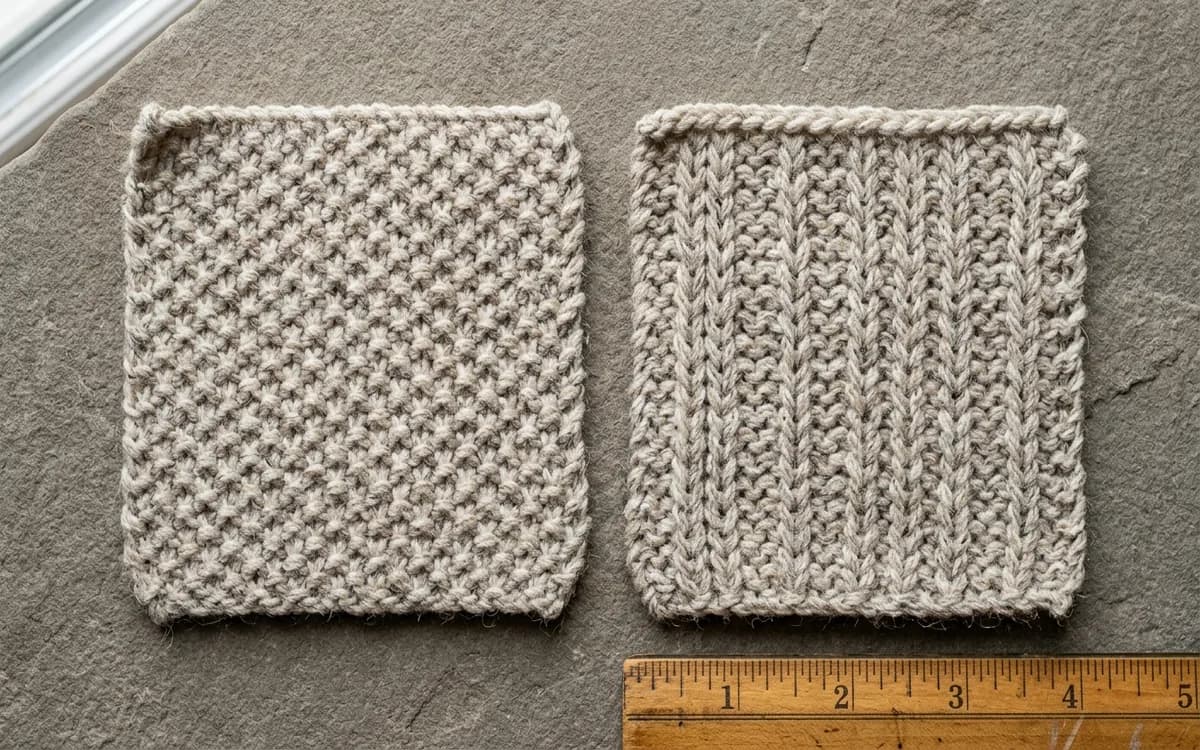 Comparaison côte à côte d'un échantillon au point de riz et d'un échantillon au point de blé, deux variantes proches du tricot texturé