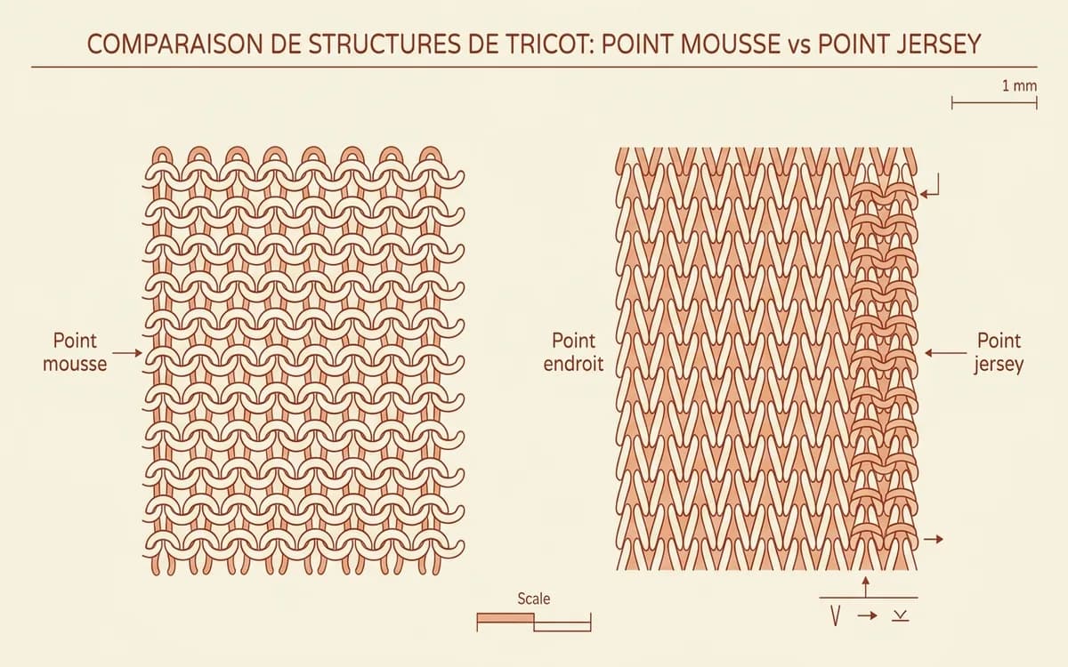 Diagramme technique comparant la structure du point mousse et du point jersey tricot en coupe transversale