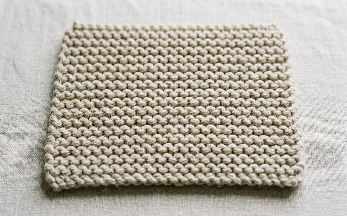 Carré d'échantillon en point mousse tricot avec bourrelets horizontaux bien visibles, laine naturelle écrue sur fond lin