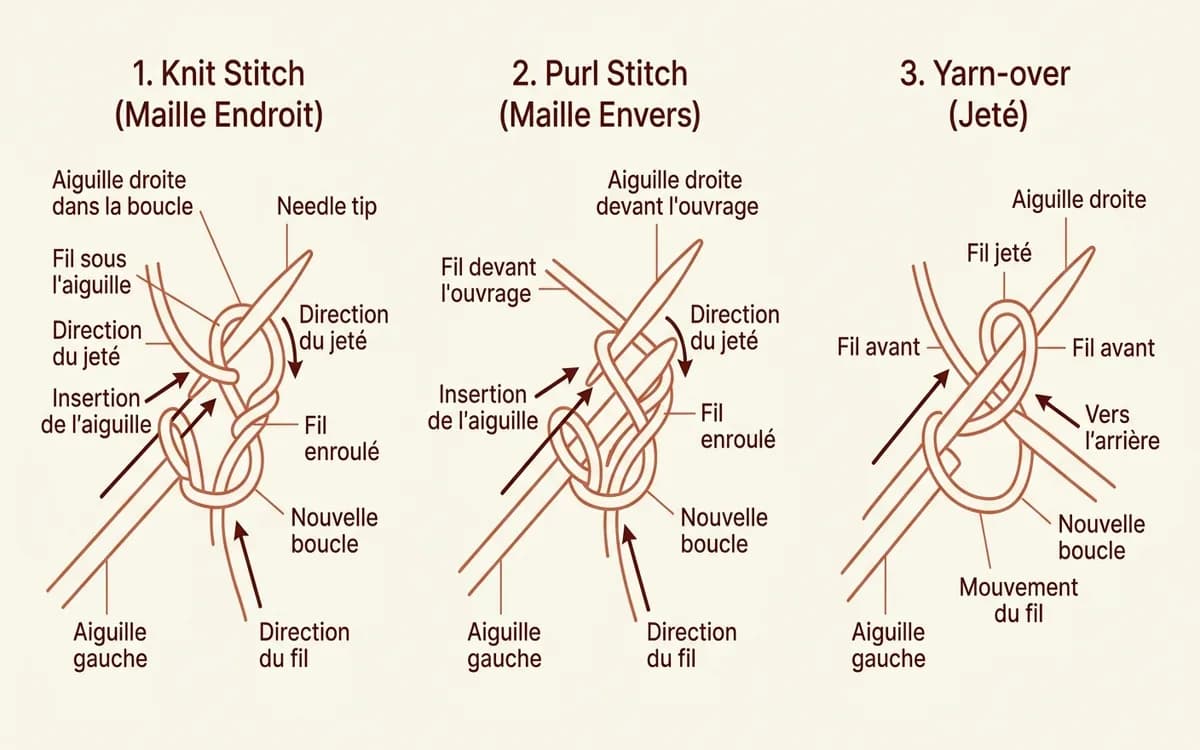 Diagramme technique illustrant la structure d'une maille endroit, d'une maille envers et d'un jeté au tricot