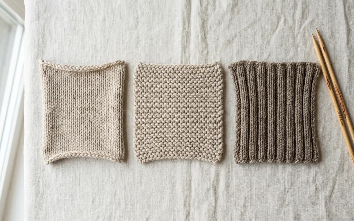 Trois échantillons de tricot côte à côte illustrant le jersey, le point mousse et les côtes 2/2 en laine mérinos naturelle