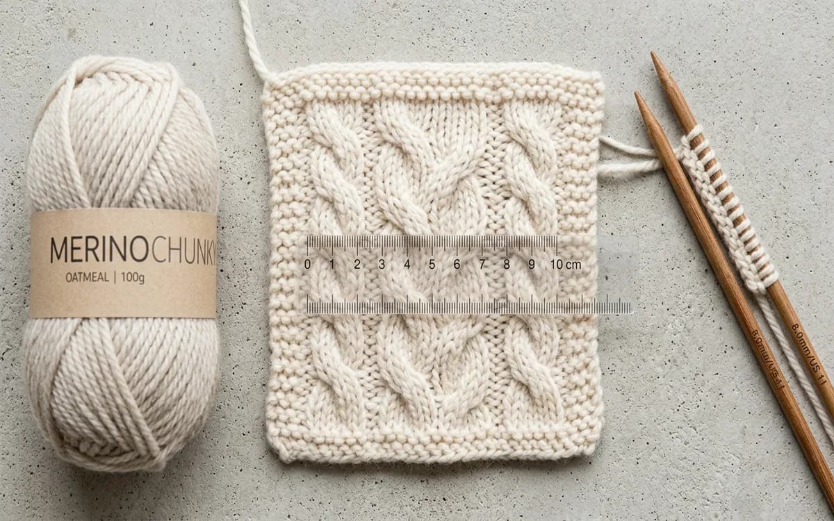 Mesure de l'échantillon sur un point de torsades en laine chunky, avec règle posée sur 10 cm de tricot
