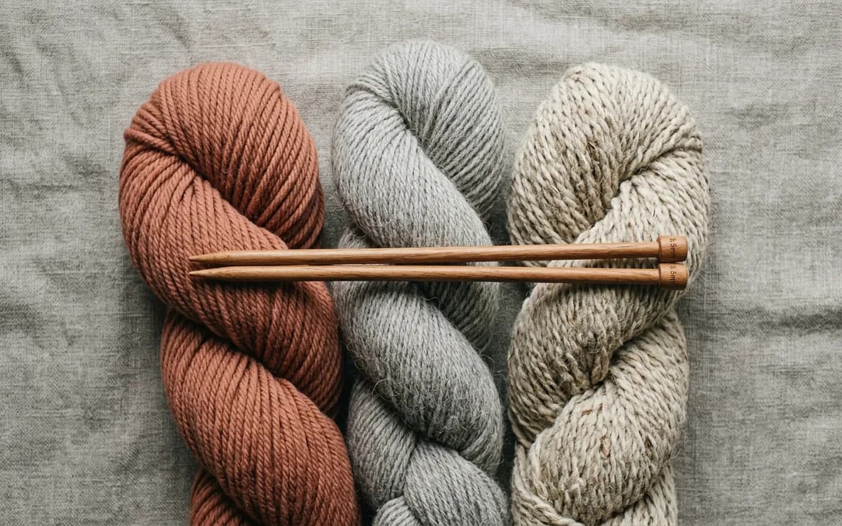 Trois pelotes de laine adaptées au tricot côtes anglaises en poids Aran avec des aiguilles en bois taille 5,5 mm