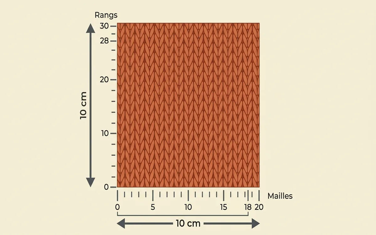 Diagramme technique d'un échantillon de tricot 10 x 10 cm en jersey montrant la mesure des mailles en largeur et des rangs en hauteur.