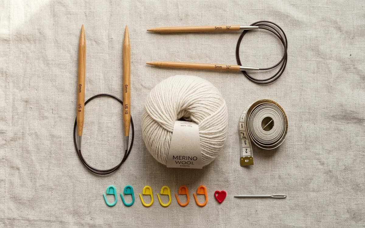 Outils essentiels pour débuter le tricot : aiguilles circulaires, pelote de laine mérinos, mètre ruban et marqueurs de mailles posés sur un tissu de lin clair.