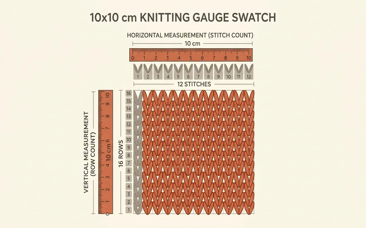 Diagramme illustrant la mesure de l'échantillon de tricot sur 10 x 10 cm avec comptage des mailles et des rangs
