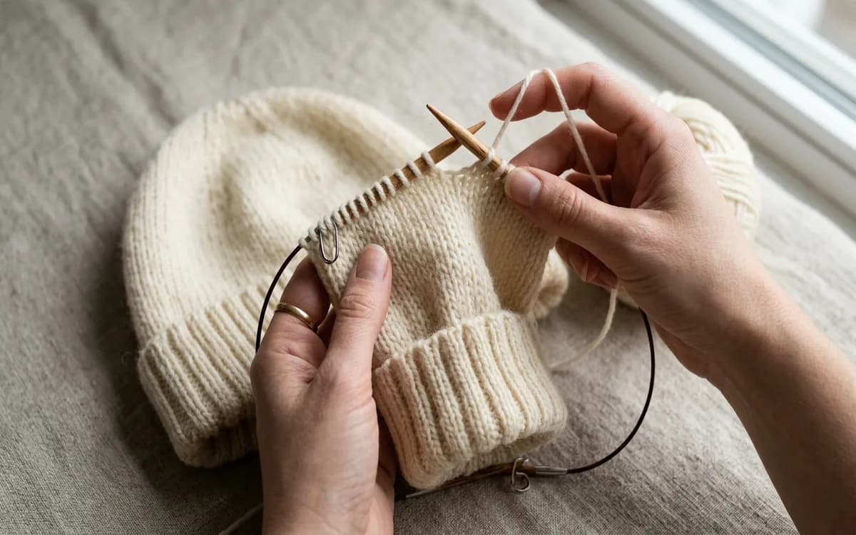 Bonnet en cours de tricot sur aiguilles circulaires, montrant le revers en côtes et le corps en jersey