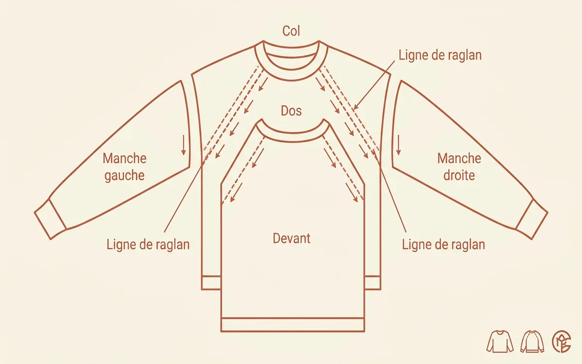 Schéma technique illustrant la construction top-down raglan d'un pull avec les quatre sections dos, devant et deux manches reliées par les lignes de raglan